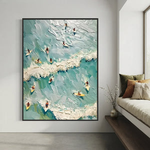 Dynamic Textured Ocean Waves & Surfers Handmade Art #NM740