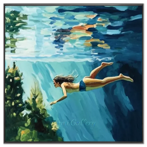 Serene Underwater Swimmer Oil Painting - Blue & Green Wall Art #NM712