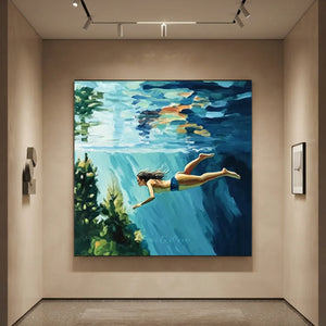 Serene Underwater Swimmer Oil Painting - Blue & Green Wall Art #NM712