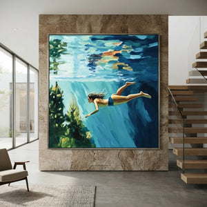 Serene Underwater Swimmer Oil Painting - Blue & Green Wall Art #NM712