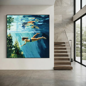 Serene Underwater Swimmer Oil Painting - Blue & Green Wall Art #NM712