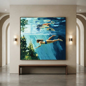 Serene Underwater Swimmer Oil Painting - Blue & Green Wall Art #NM712