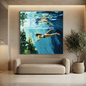 Serene Underwater Swimmer Oil Painting - Blue & Green Wall Art #NM712