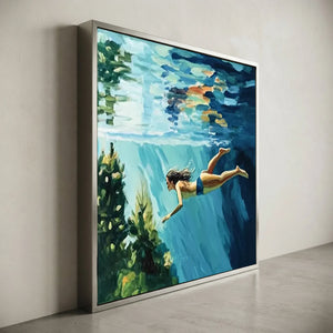 Serene Underwater Swimmer Oil Painting - Blue & Green Wall Art #NM712