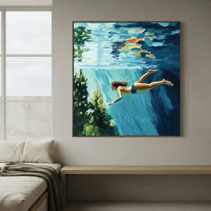 Serene Underwater Swimmer Oil Painting - Blue & Green Wall Art #NM712