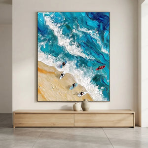 Vibrant Ocean Waves & Surfers Textured Beach Art #NM742