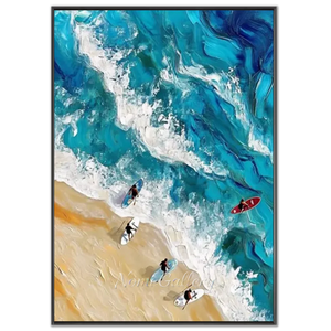 Vibrant Ocean Waves & Surfers Textured Beach Art #NM742