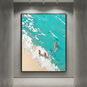 Textured Ocean Beach Scene Art with Swimmers #NM743