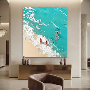 Textured Ocean Beach Scene Art with Swimmers #NM743
