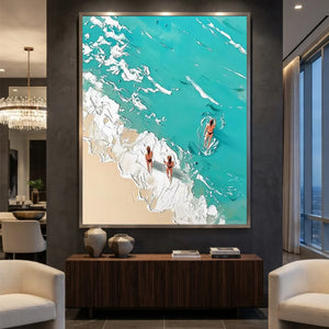 Textured Ocean Beach Scene Art with Swimmers #NM743