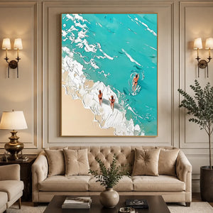 Textured Ocean Beach Scene Art with Swimmers #NM743