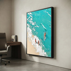 Textured Ocean Beach Scene Art with Swimmers #NM743