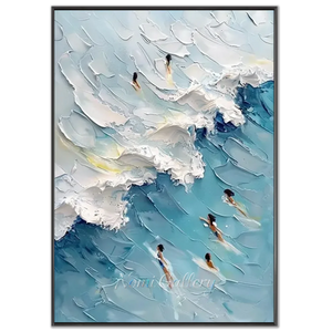 Coastal Serenity: Textured Ocean Waves & Surfers Art #NM744
