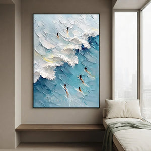 Coastal Serenity: Textured Ocean Waves & Surfers Art #NM744