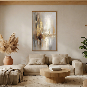 Modern light luxury hand-painted abstract oil painting with gold leaf accents and heavy texture, displayed in a bright minimalist living room setup.