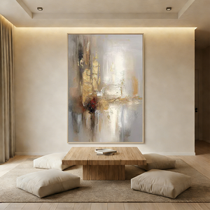 Modern light luxury hand-painted abstract oil painting with gold leaf accents and heavy texture, displayed in a bright minimalist living room setup.