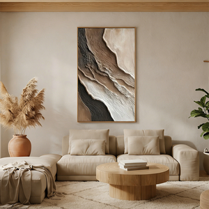 Close-up of a hand-painted heavy texture abstract oil painting with 3D layered ridges in mocha and cream tones, enhancing a minimalist interior.