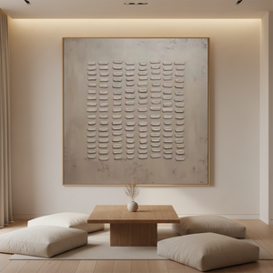 Hand-painted Wabi-Sabi brown oil painting with rhythmic 3D block textures in earth tones, displayed on a textured wall above a light wood console table in a boho living room.