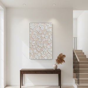 White 3D Floral Textured Hand-Painted Minimalist Blossom Canvas Art #SS068