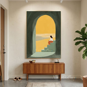 Hand-painted minimalist oil painting showing a woman in a terracotta dress sitting on green steps under a dark olive green archway, looking out towards a bright golden and grey sandy landscape.