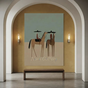 100% handmade folk minimalist cowboy oil painting with neutral sage and brown tones, featuring two riders on horses as luxury western wall decor by Savy Canvas.