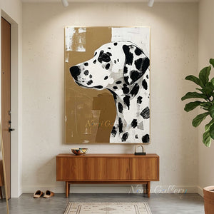 Hand-painted modern abstract pop art oil painting showing the profile of a black and white spotted Dalmatian dog against a textured ochre brown and cream white block background.