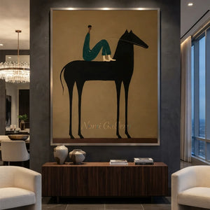 Handcrafted expressionist oil painting featuring a stylized rider on a black horse in earthy tones, displayed above a dining table for elegant restaurant wall decor.