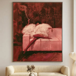 Crimson Allure: Woman in Fur & Red Boots Oil Painting #NM561