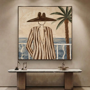 Coastal Serenity: Abstract Figure on Balcony Hand-Painted Oil A #NM249