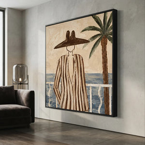 Coastal Serenity: Abstract Figure on Balcony Hand-Painted Oil A #NM249