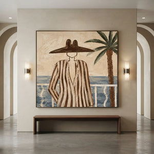 Coastal Serenity: Abstract Figure on Balcony Hand-Painted Oil A #NM249