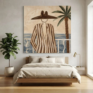 Coastal Serenity: Abstract Figure on Balcony Hand-Painted Oil A #NM249