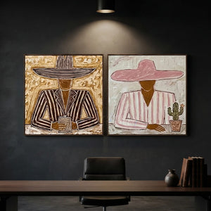 Textured Abstract Figures with Wide Hats - Modern Duo Art #NM498