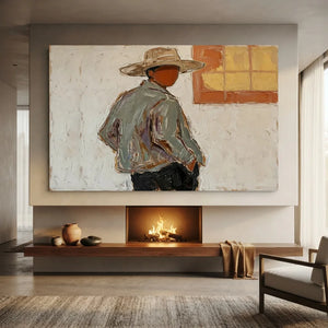 Contemplative Man in Hat Textured Oil Painting #NM335