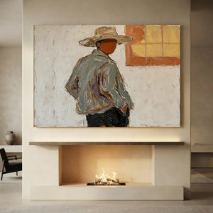 Contemplative Man in Hat Textured Oil Painting #NM335