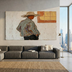 Contemplative Man in Hat Textured Oil Painting #NM335