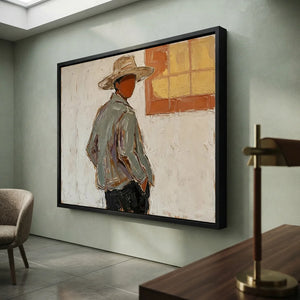 Contemplative Man in Hat Textured Oil Painting #NM335