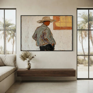 Contemplative Man in Hat Textured Oil Painting #NM335