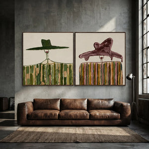 Whimsical Textured Figures with Hats Abstract Oil Painting #NM501