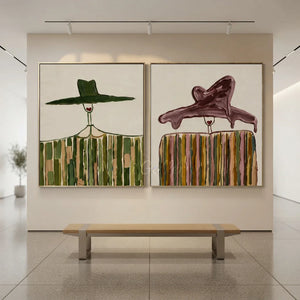 Whimsical Textured Figures with Hats Abstract Oil Painting #NM501