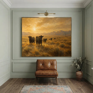 Golden Hour Cattle Drive Landscape Oil Painting #NM228