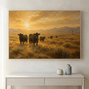 Golden Hour Cattle Drive Landscape Oil Painting #NM228
