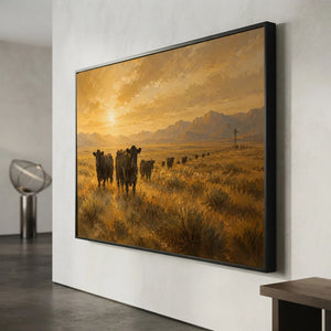 Golden Hour Cattle Drive Landscape Oil Painting #NM228