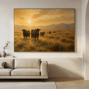 Golden Hour Cattle Drive Landscape Oil Painting #NM228