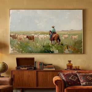 Rancher Herding Cattle Original Textured Oil Painting #NM229