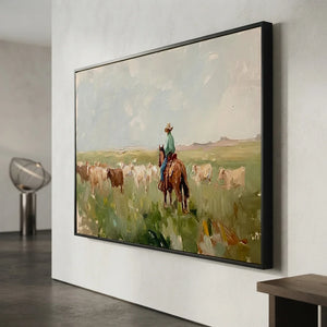 Rancher Herding Cattle Original Textured Oil Painting #NM229