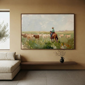 Rancher Herding Cattle Original Textured Oil Painting #NM229