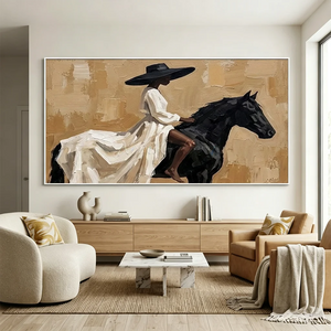 Elegant Woman on Black Horse Textured Oil Painting #NM230