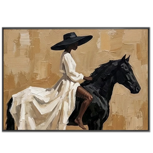 Elegant Woman on Black Horse Textured Oil Painting #NM230
