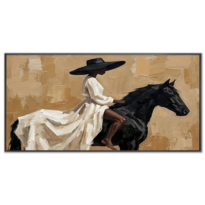 Elegant Woman on Black Horse Textured Oil Painting #NM230